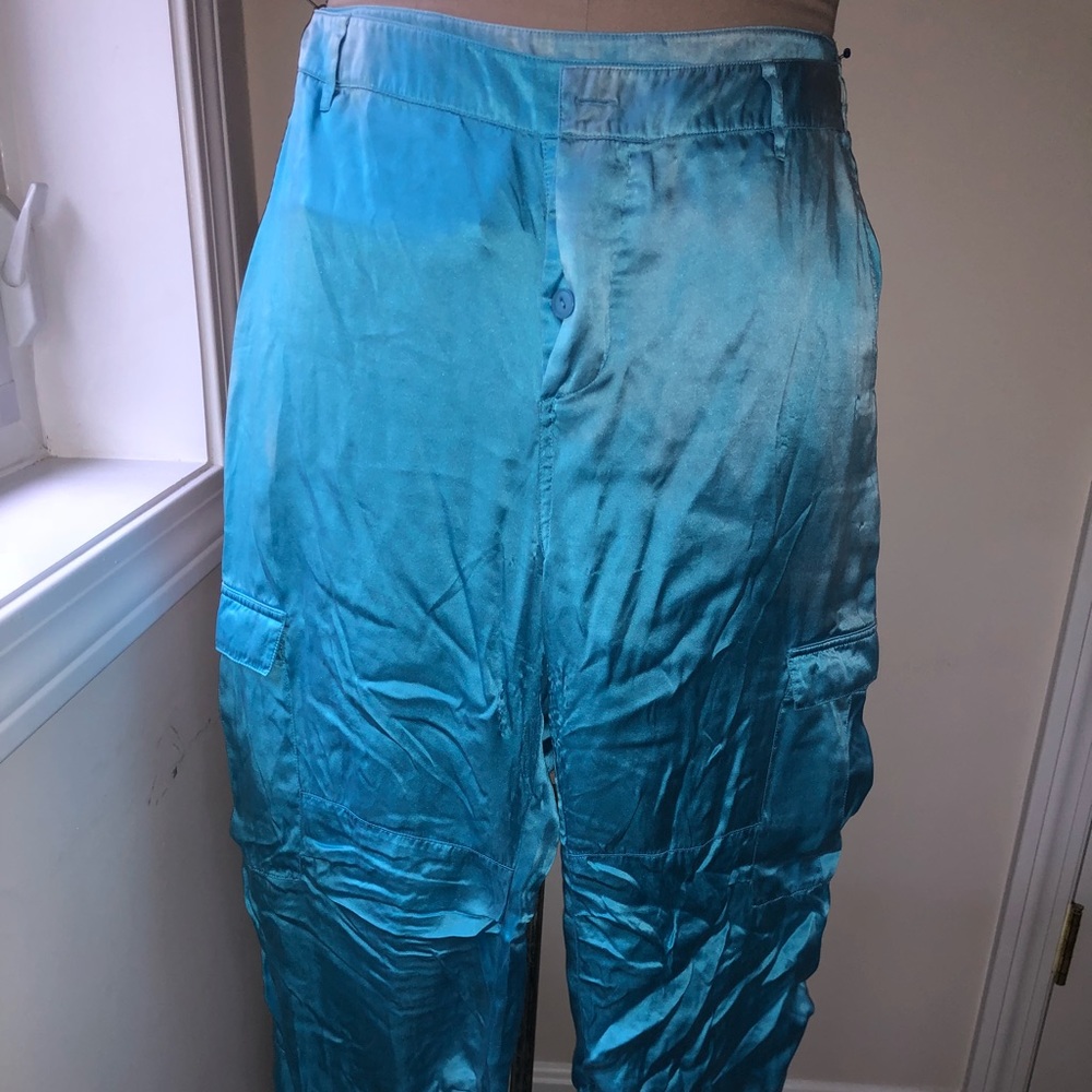 100% silk super soft cargo pants in aqua blue.